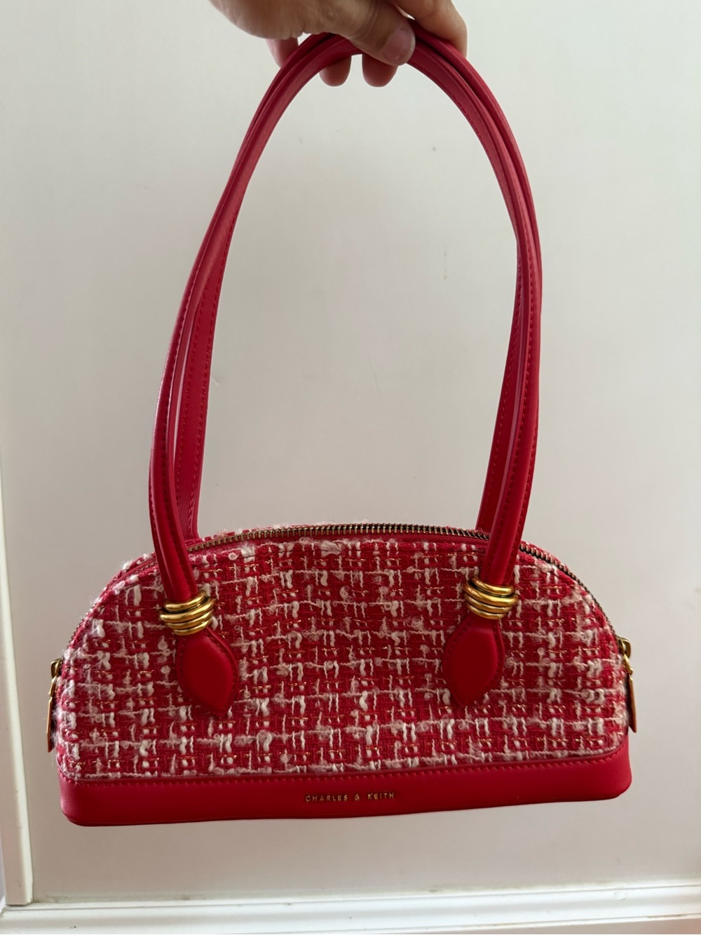 Charles & Keith Red Tweed Elongated Baguette-style Bag Y2K Designer Handbag